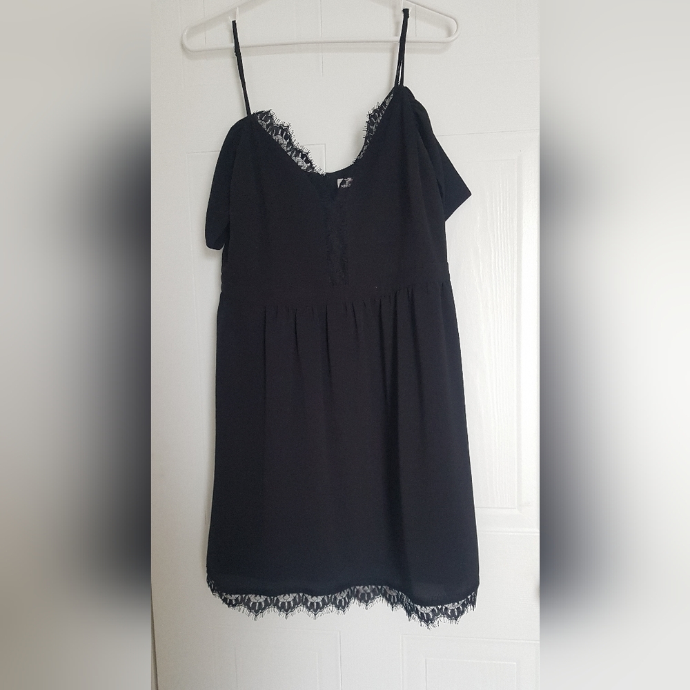 Lace trim off shoulder black dress